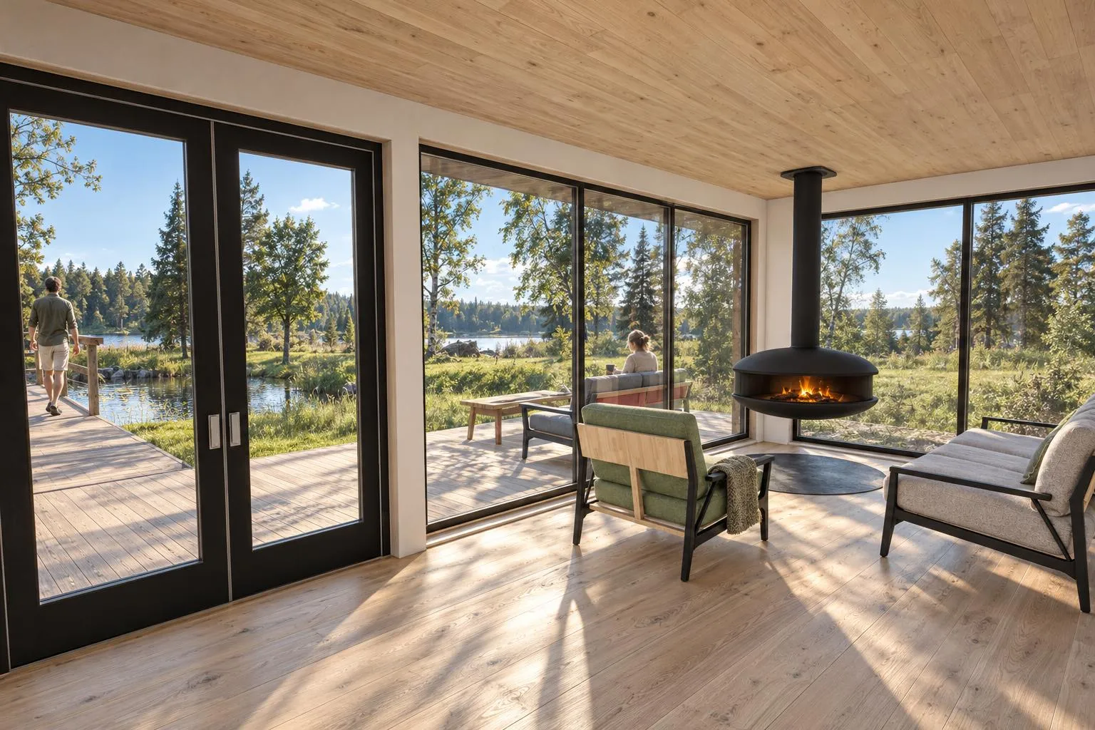 AI render of a cabin living room with a hanging fireplace, made from the model