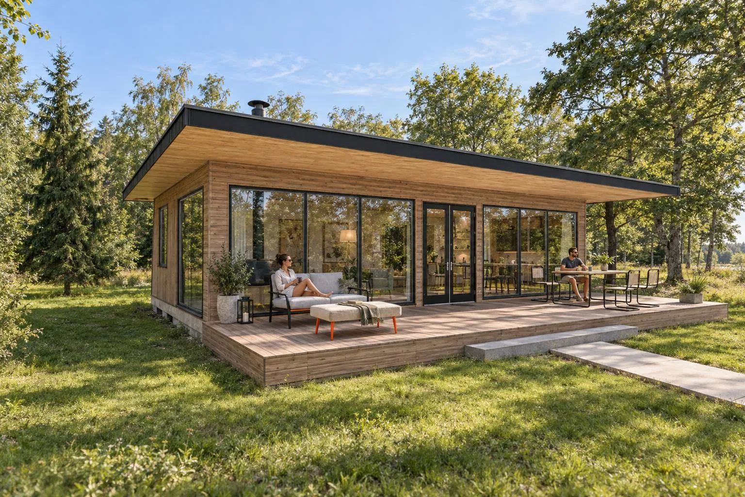 AI render of a timber cabin with people on the deck, made from the model