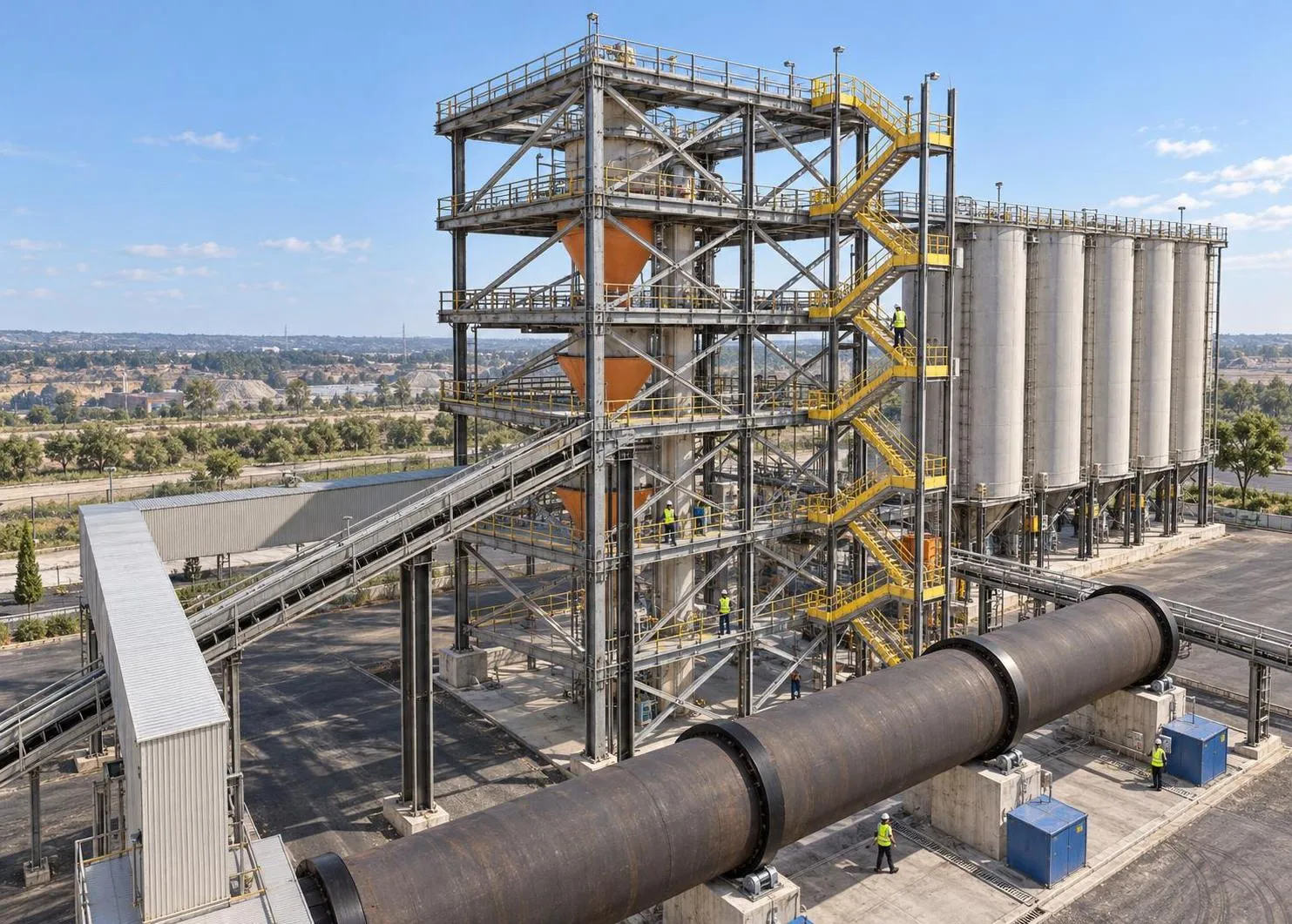 AI render of a cement plant, with its preheater tower, kiln and silos