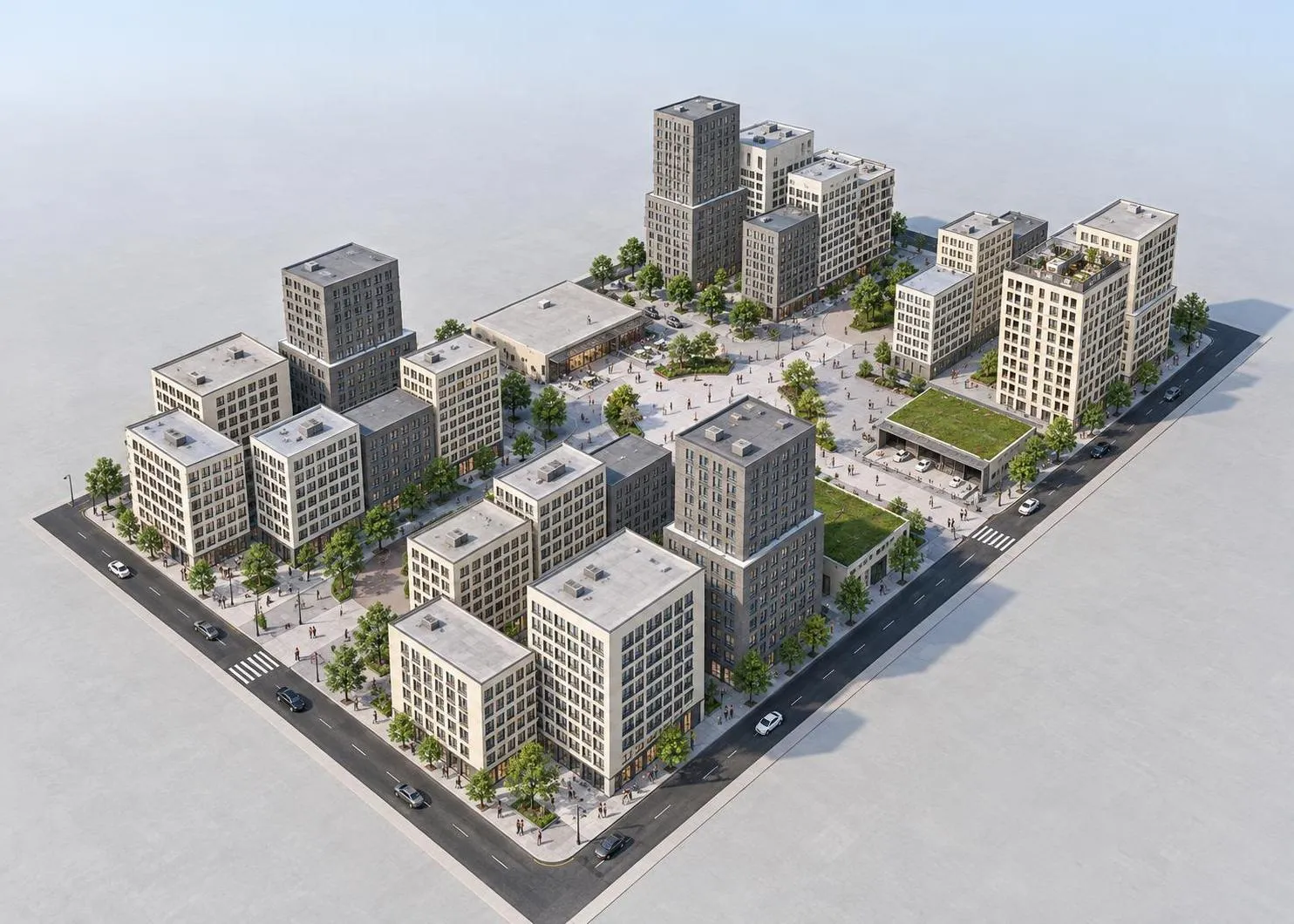 AI render of the same city block from the air, around a central square