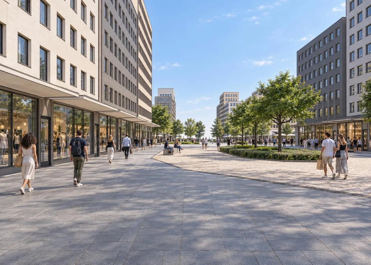 AI render of a street in the same city block at eye level, with people and trees