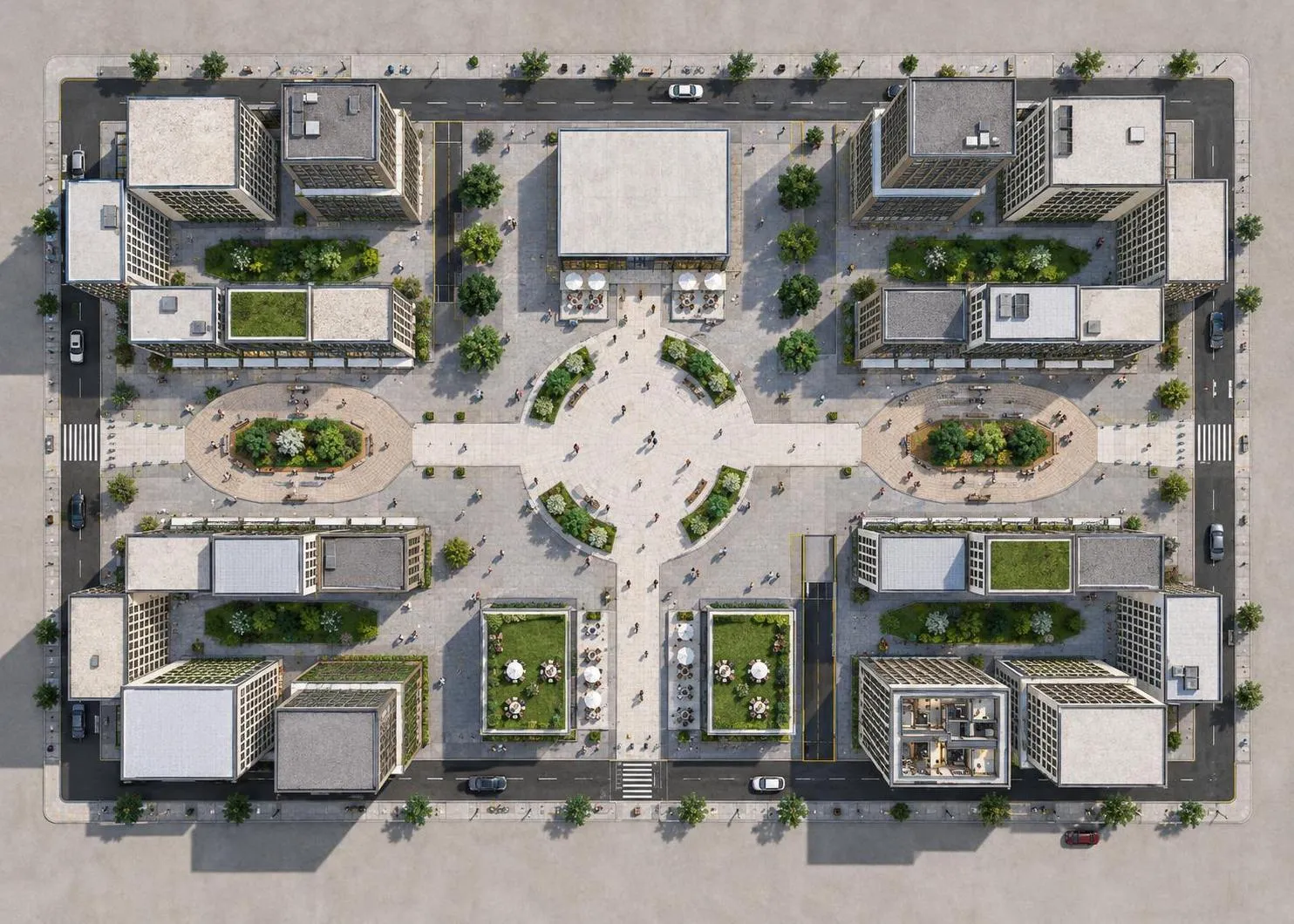 AI render of a new city block from straight above, with its courtyards, streets and roofs