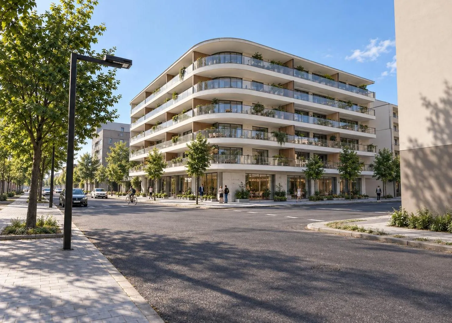 AI render of a curved apartment building on a street corner