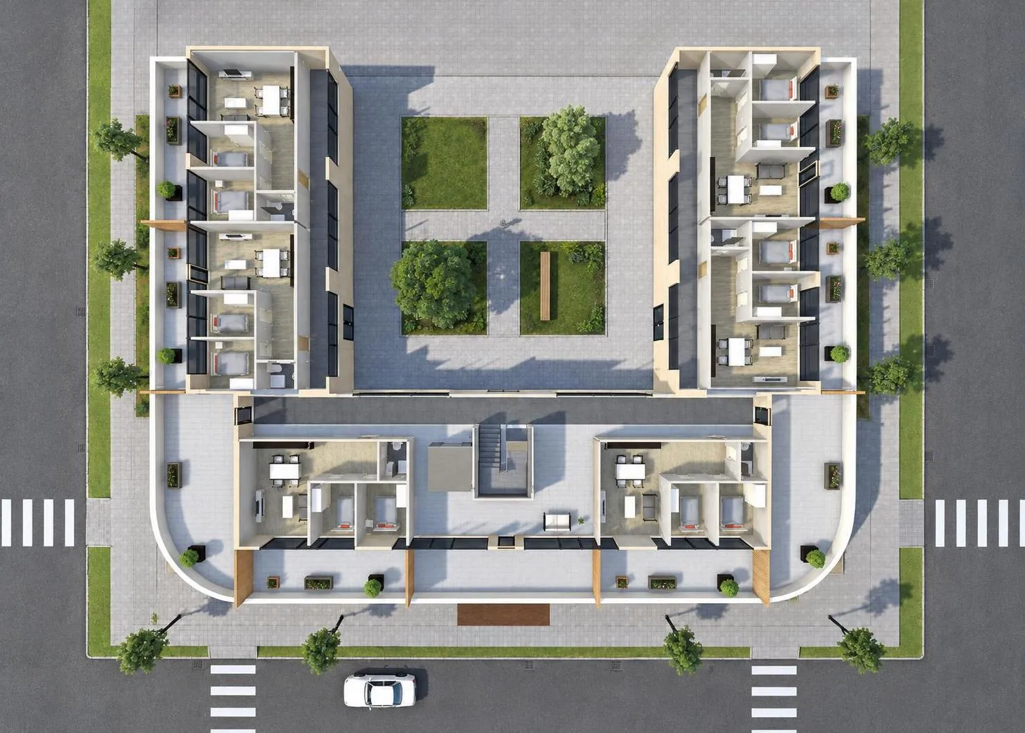 AI render of a curved mixed-use building cut open from above, showing the apartment layouts on one floor