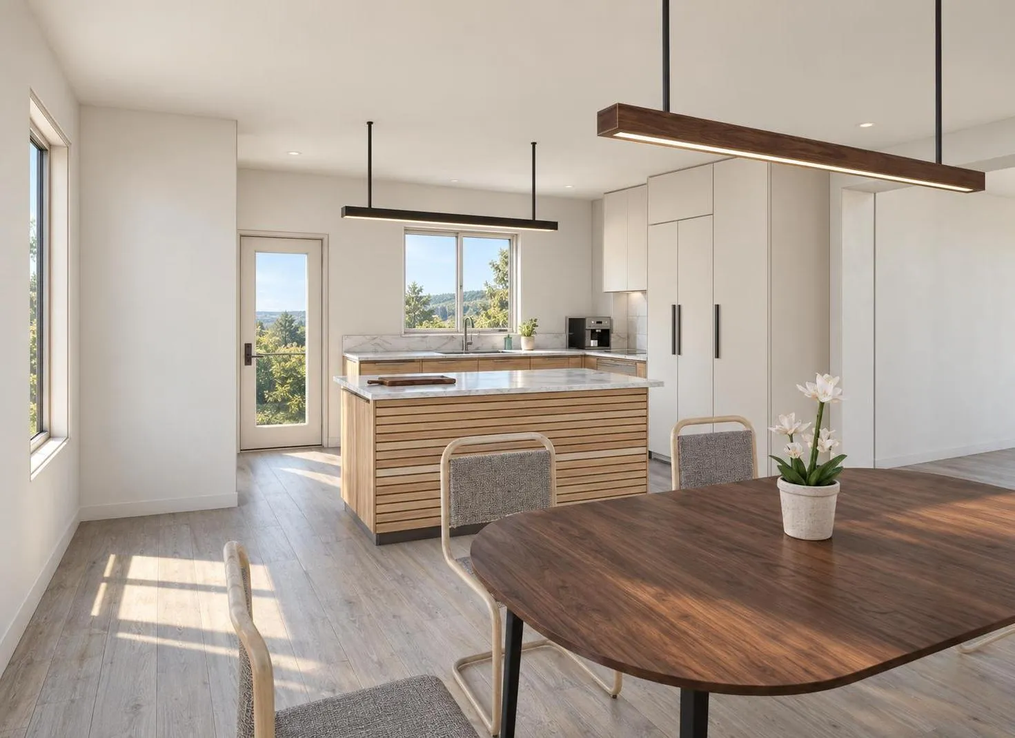AI render of a bright kitchen with a timber island and a dining table