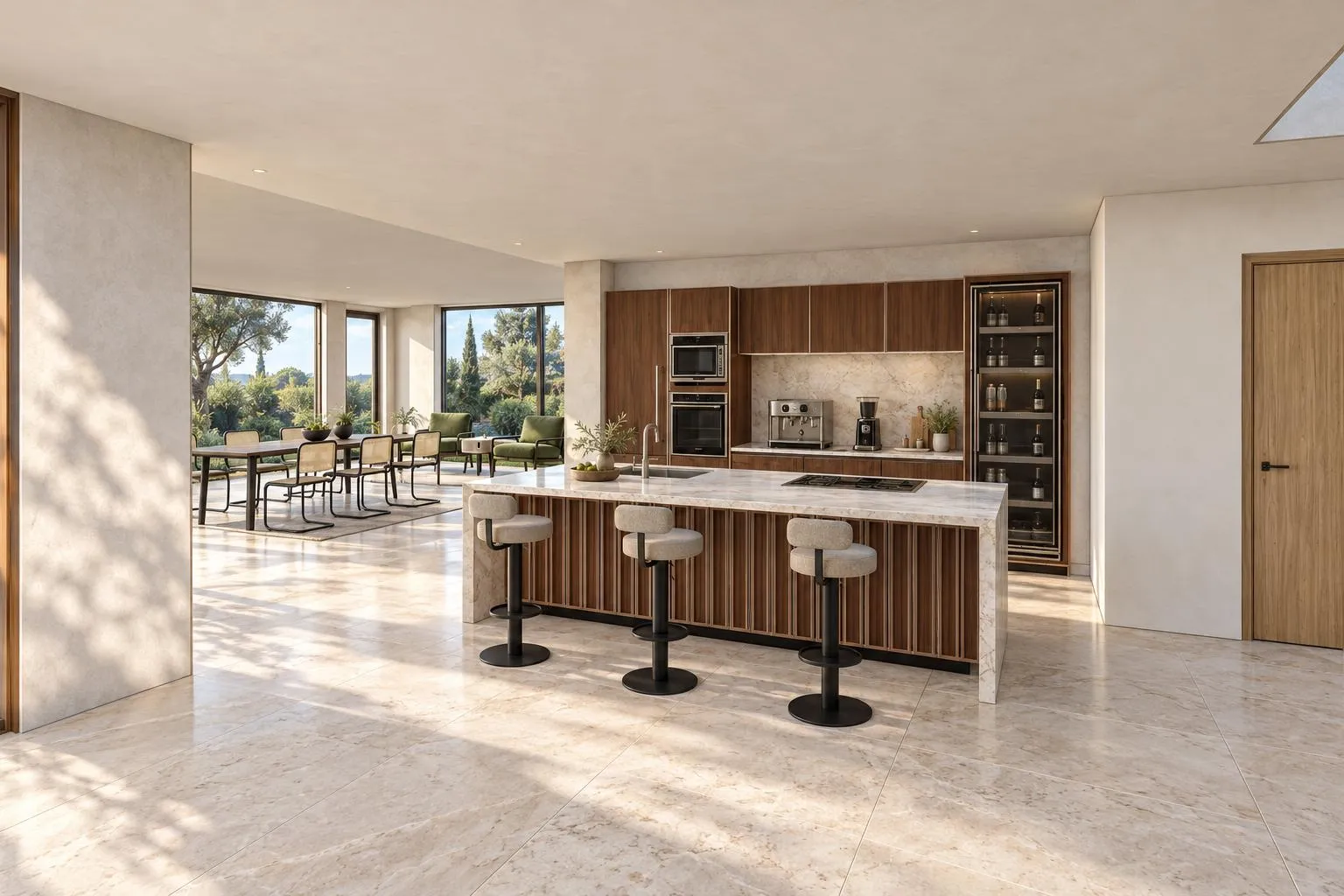 AI render of an open kitchen with an island and a dining area