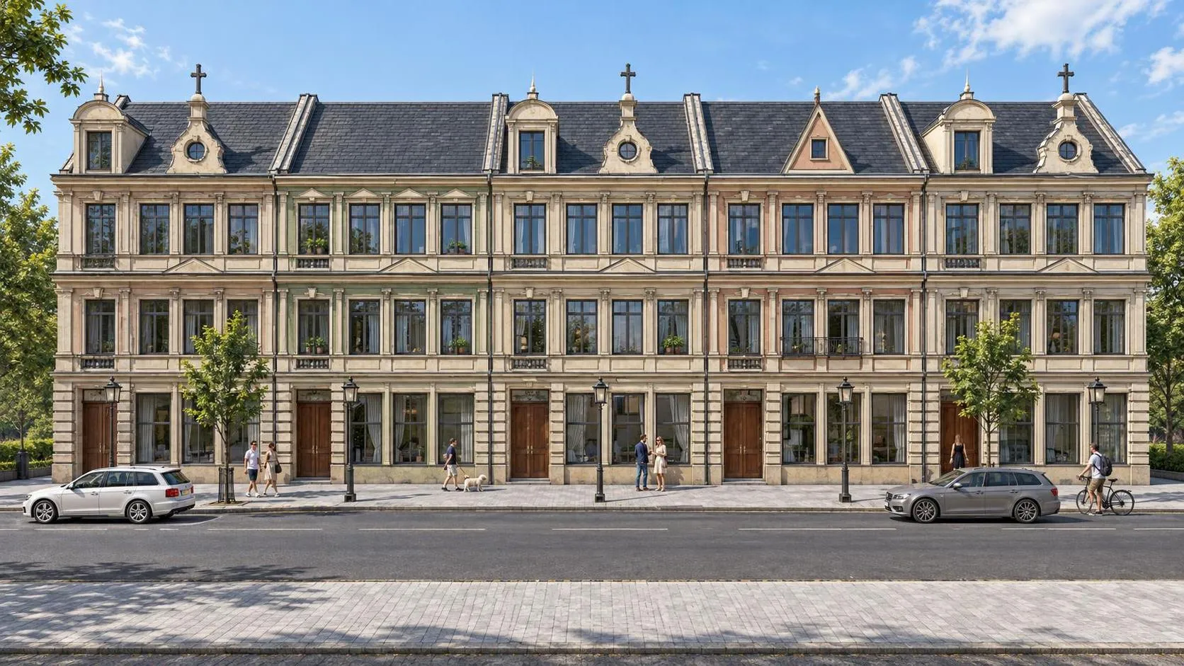 An AI render of a row of townhouses, made from the model