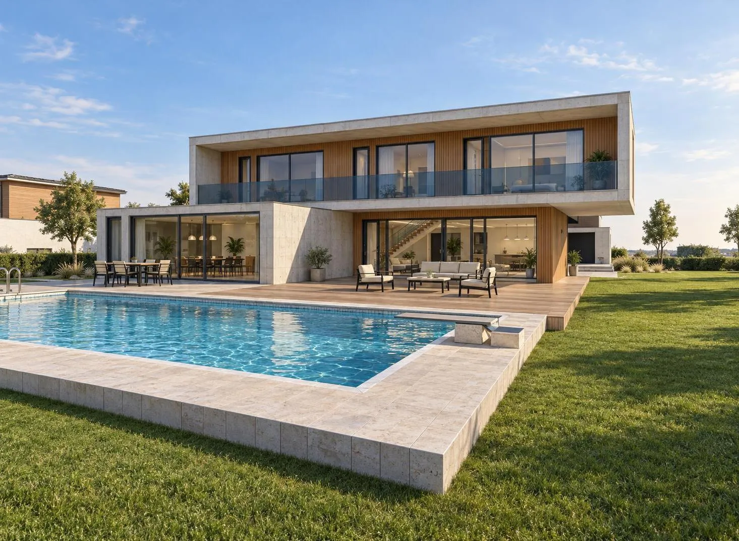 AI render of a modern two-storey villa with a pool, made from the model in the corner