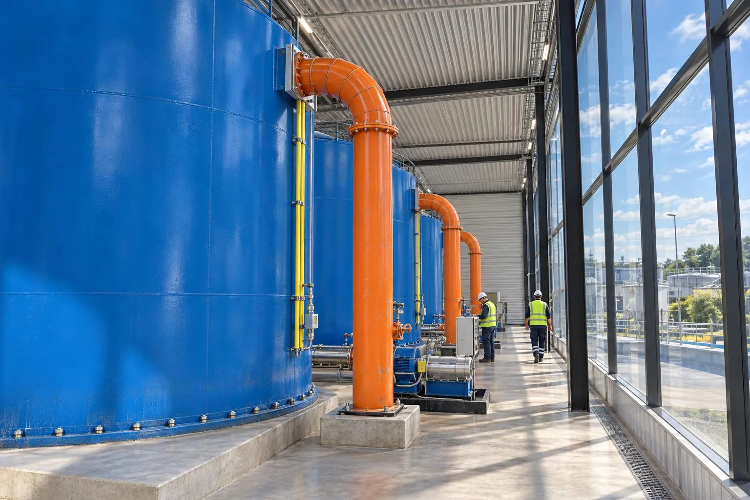 AI render of the hall of a water treatment plant, with people walking through it