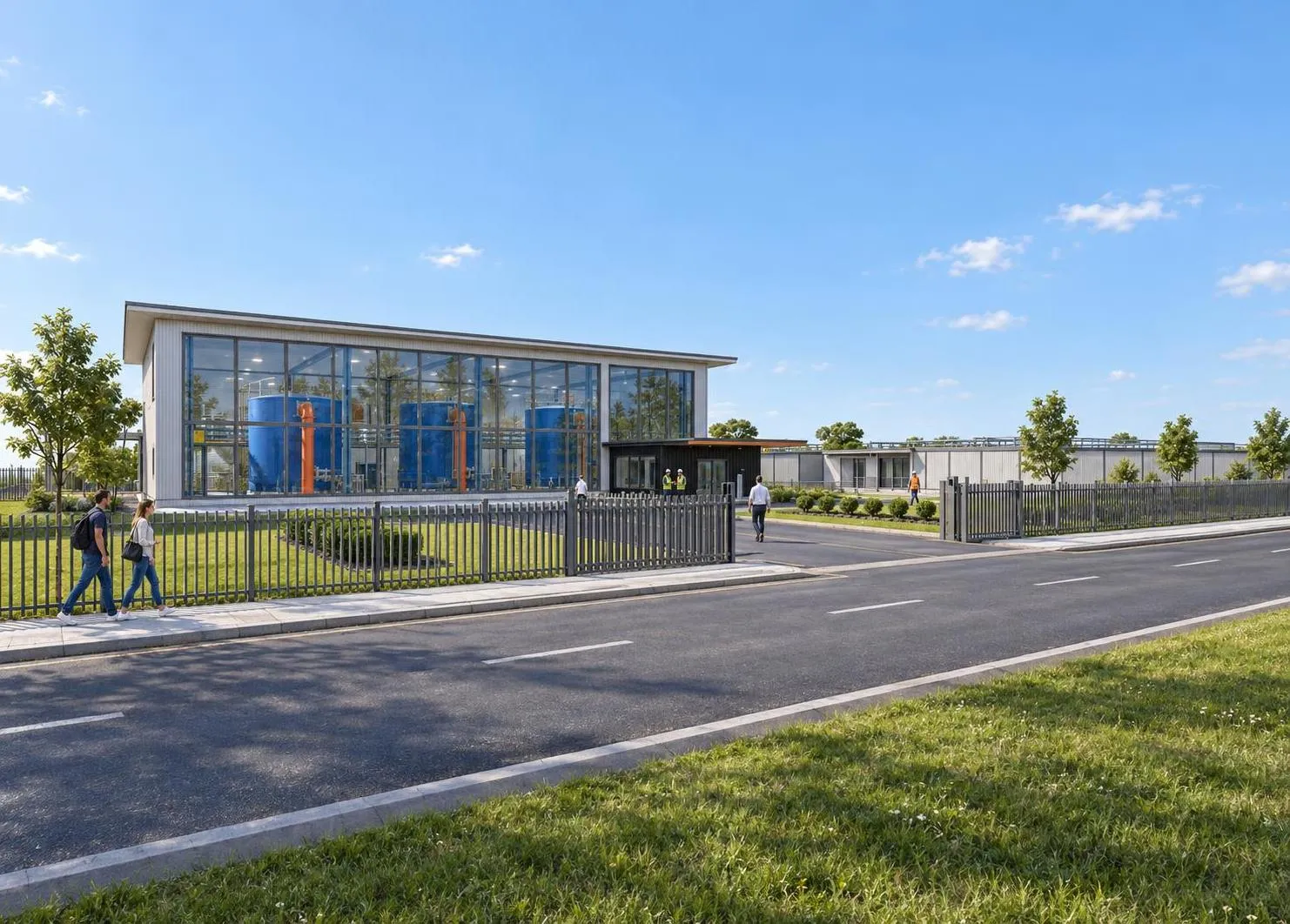 AI render of a water treatment plant seen from the road