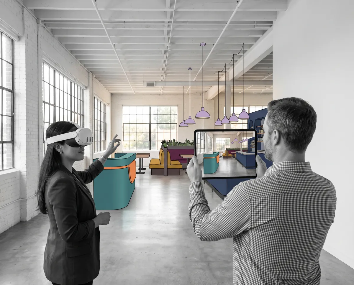 An architecture team reviewing a SketchUp hospitality interior in Arkio on Meta Quest 3 and iPad.