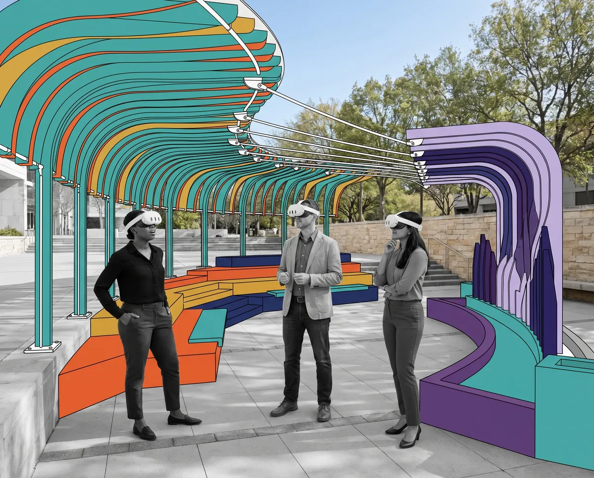 Three designers reviewing a Rhino pavilion proposal in Arkio on Meta Quest 3 outdoors.