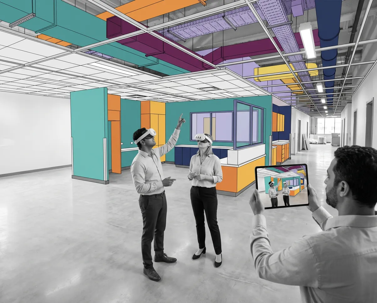 An architecture and BIM team reviewing a Navisworks coordination model in Arkio on Meta Quest 3.