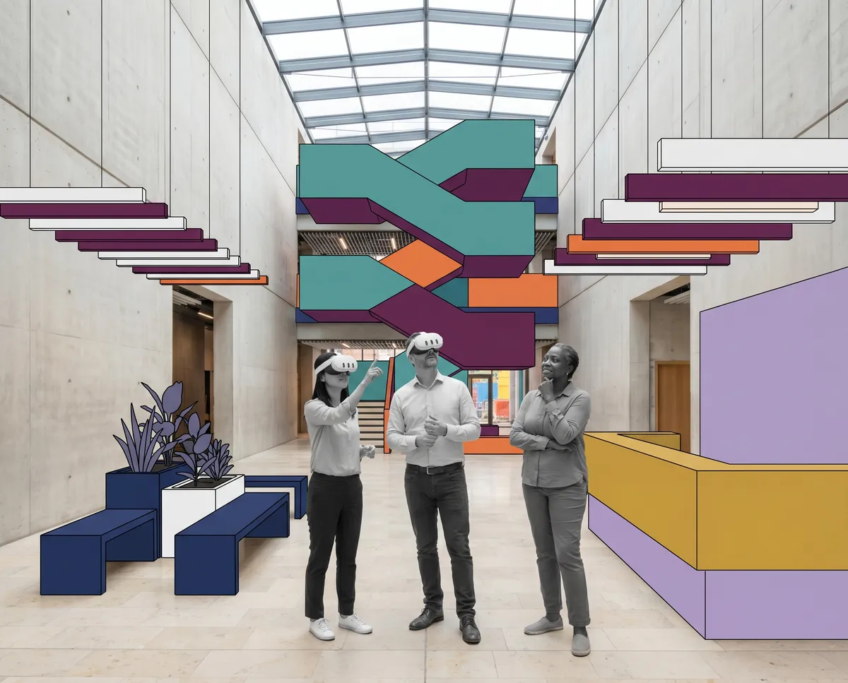 Architects reviewing an Archicad atrium proposal in Arkio on Meta Quest 3.