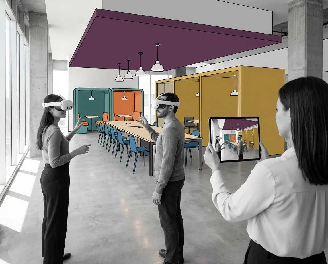 Architects reviewing a Revit office fit-out in Arkio on Meta Quest 3 and iPad.